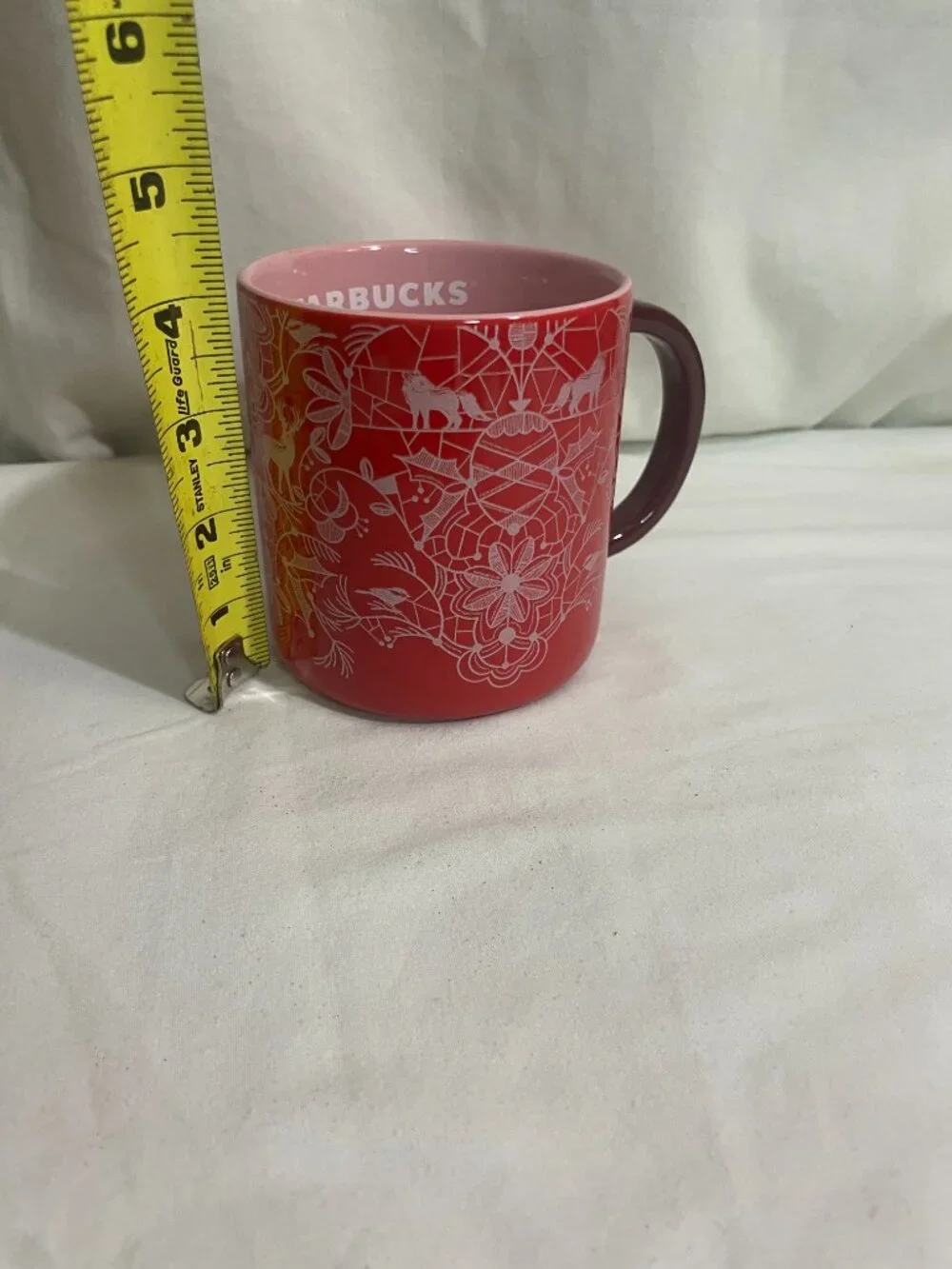 Starbucks 2022 Holiday Woodland Red Pink Ceramic Coffee Mug 14 oz Deer Fox